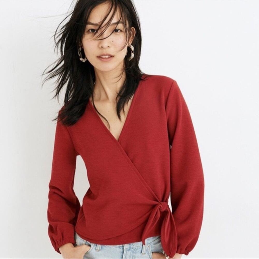 Madewell Texture and Thread Red Crepe Wrap Side Tie Blouse Size Small